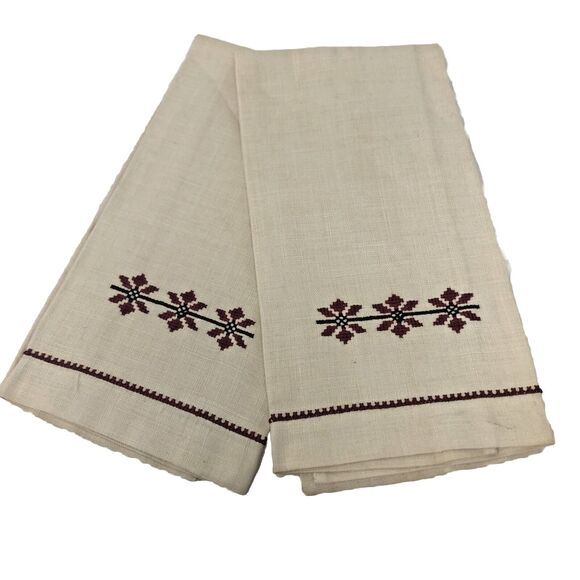 Cross Stitch Linen Fingertip Towels / Napkins Handmade Vintage NOS Set of 2 - Picture 1 of 10